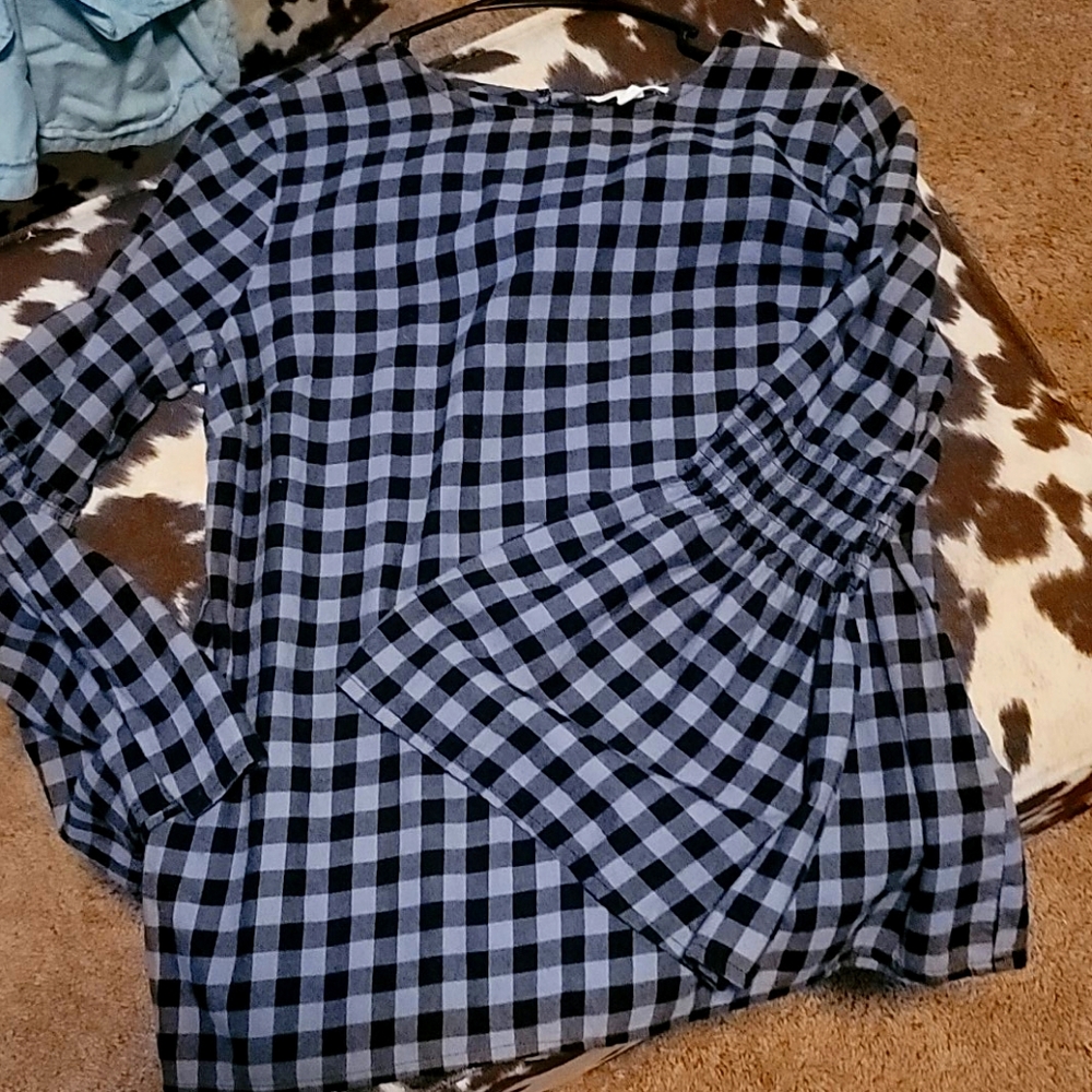 Plaid flannel bell sleeve blouse